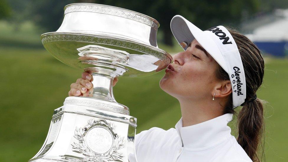 Hannah Green kisses her trophy after winning the KPMG Women"s PGA Championship