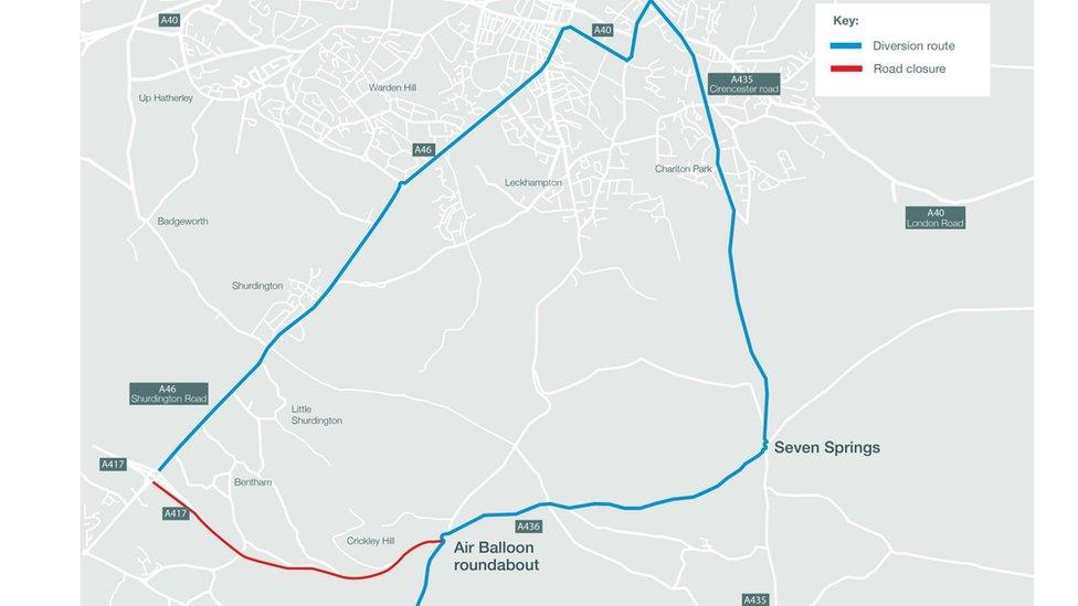 A map showing the closures highlighted in red and the diversion route in blue.