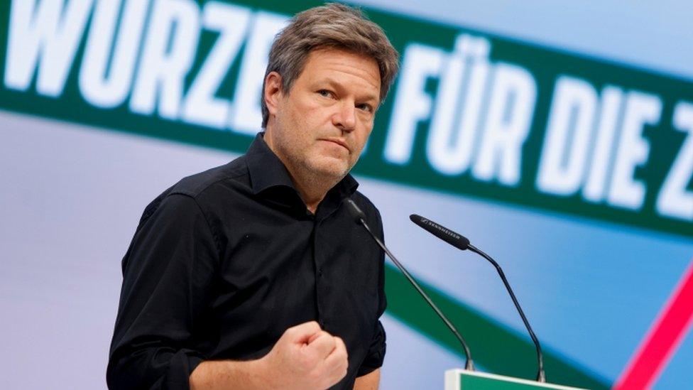 Co-leader of the Greens party Robert Habeck speaks during a meeting after the presentation of the coalition deal of SPD, FDP and Greens parties, in Berlin, Germany November 25, 2021