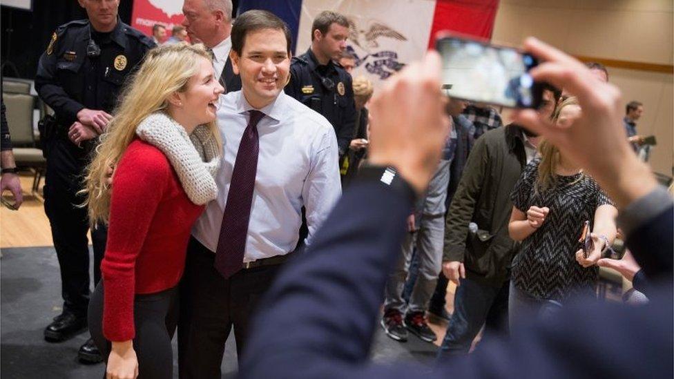 Republican presidential candidate Sen. Marco Rubio (R-FL) greets guests at a town-hall-style meeting on 31 January 2016 in Cedar Falls, Iowa.