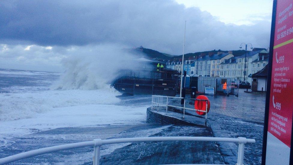 Waves at Aberystwyth promenade on Friday morning