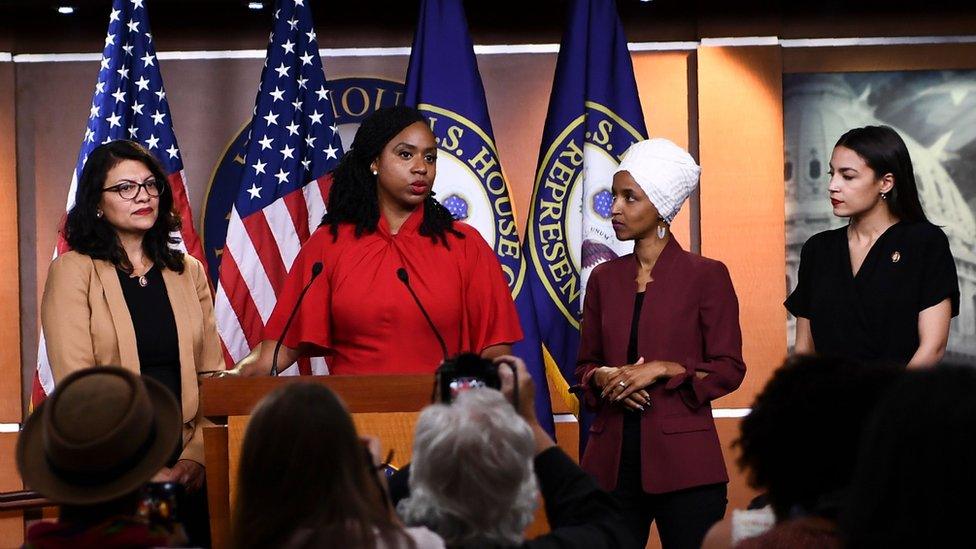 L-R Representatives Rashida Tlaib, Ayanna Pressley, Ilhan Omar, and Alexandria Ocasio-Cortez