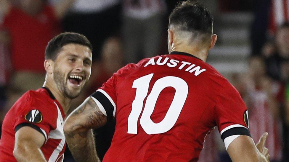 Southampton's Shane Long (left) celebrates with Charlie Austin as Southampton take the lead against Sparta Prague