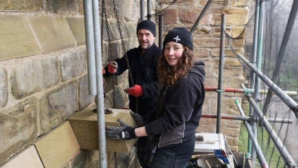 Stonemasons Graham Penfold and Grace Impesi