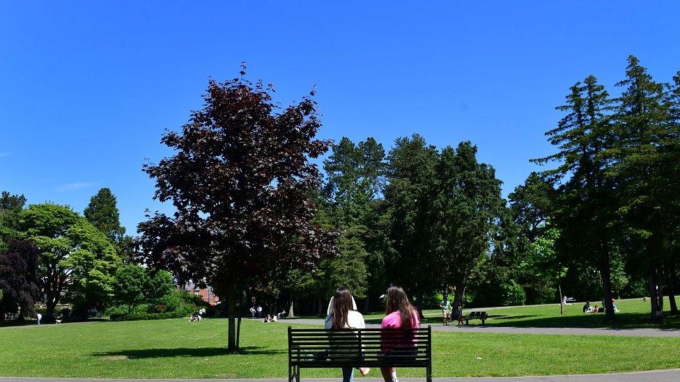 People sitting on a park bench in the sun