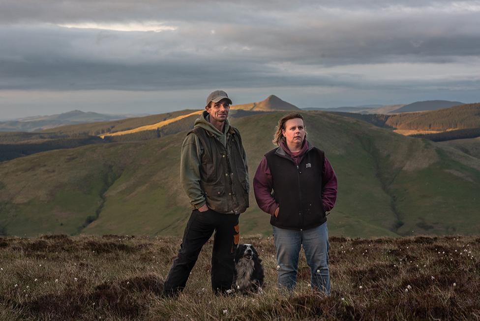 Kirstie with her husband Kevin and Border Collie dog on the Cheviot Hills