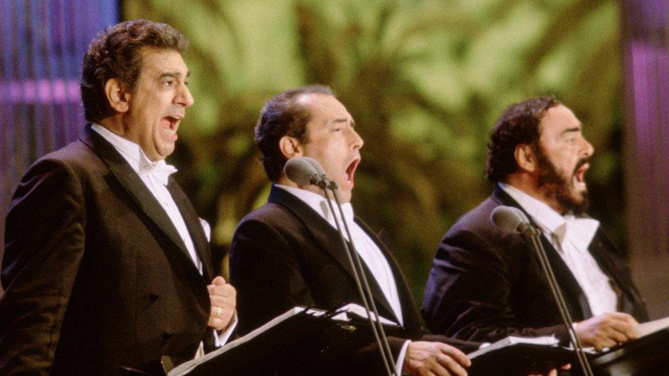 Placido Domingo, Jose Carreras and Luciano Pavarotti performing together as The Three Tenors in 1994