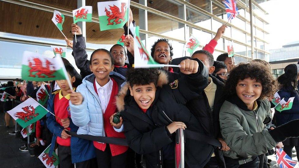 Plant yn chwifio baneri tu allan i fynedfa'r Senedd