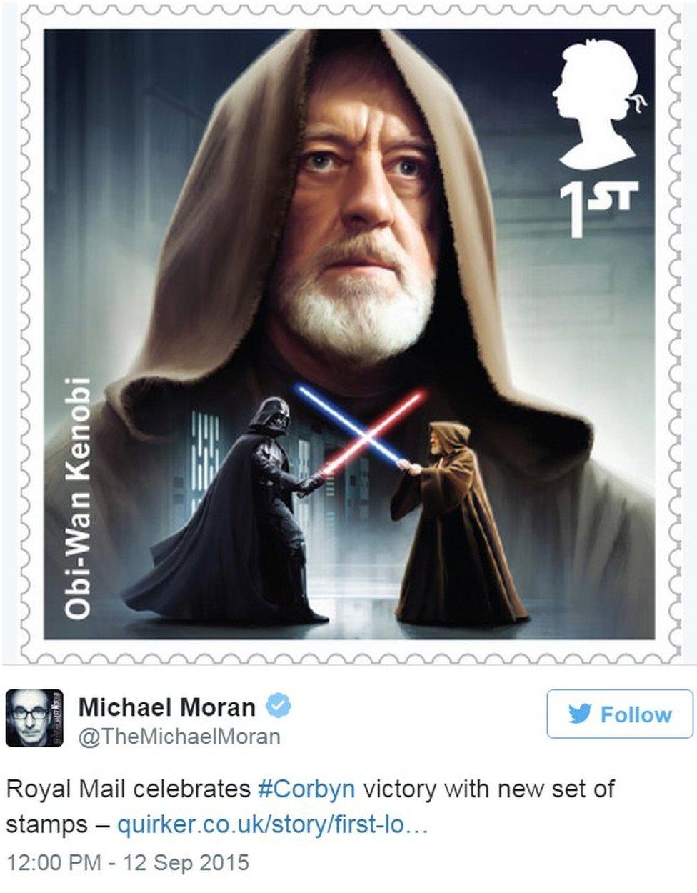 Tweet by Michael Moran showing Jeremy Corbyn Star Wars stamp - 12 September 2015