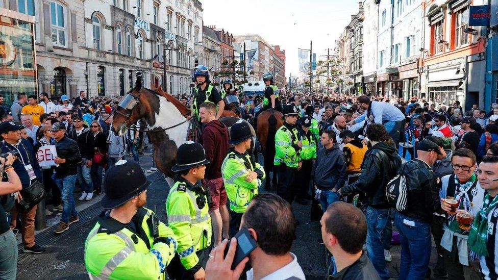 Police and football fans in Cardiff ahead of the Champions League final