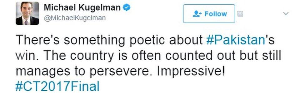 There's something poetic about #Pakistan's win. The country is often counted out but still manages to persevere. Impressive!