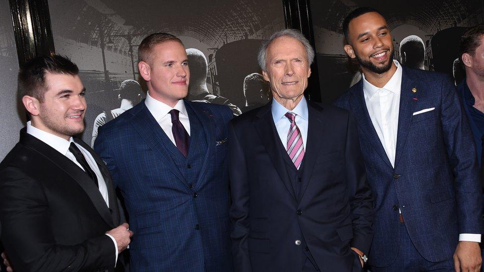 Alek Skarlatos, Anthony Sadler, Clint Eastwood and Spencer Stone at California premiere Feb 5