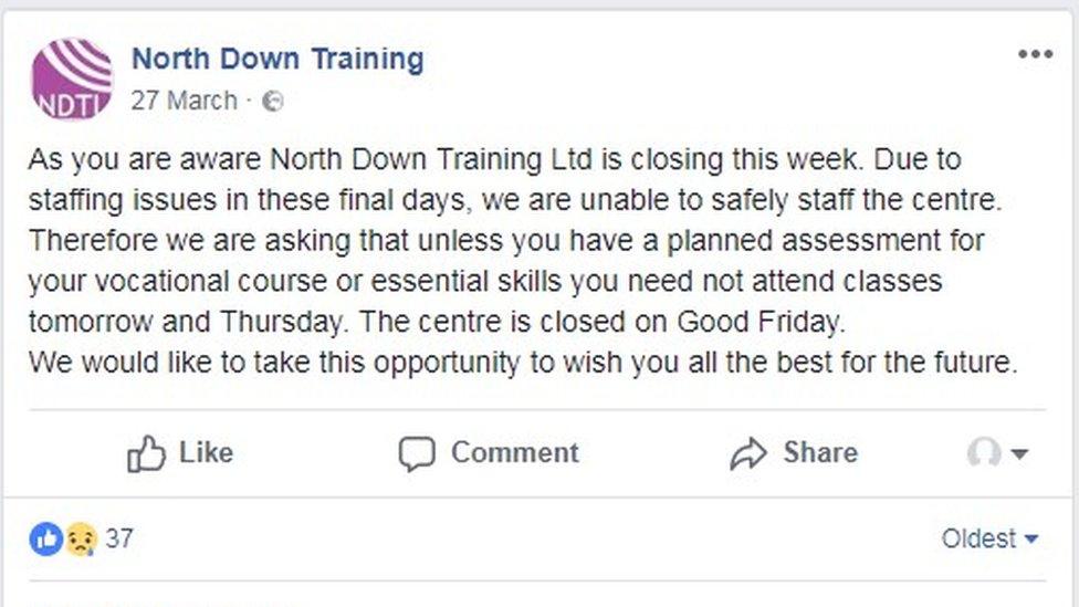 North Down Training posted information about its closure on Facebook