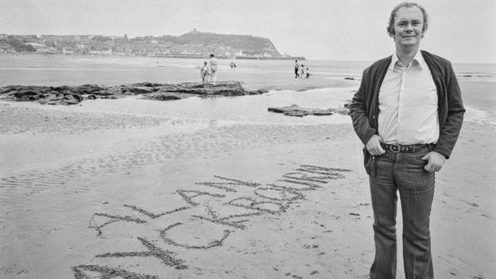 Alan Ayckbourn on the beach in Scarborough