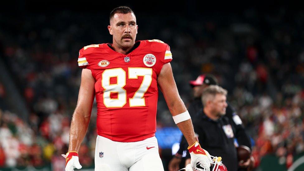 Travis Kelce seen on the field after an NFL game between the Kansas City Chiefs and New York Jets