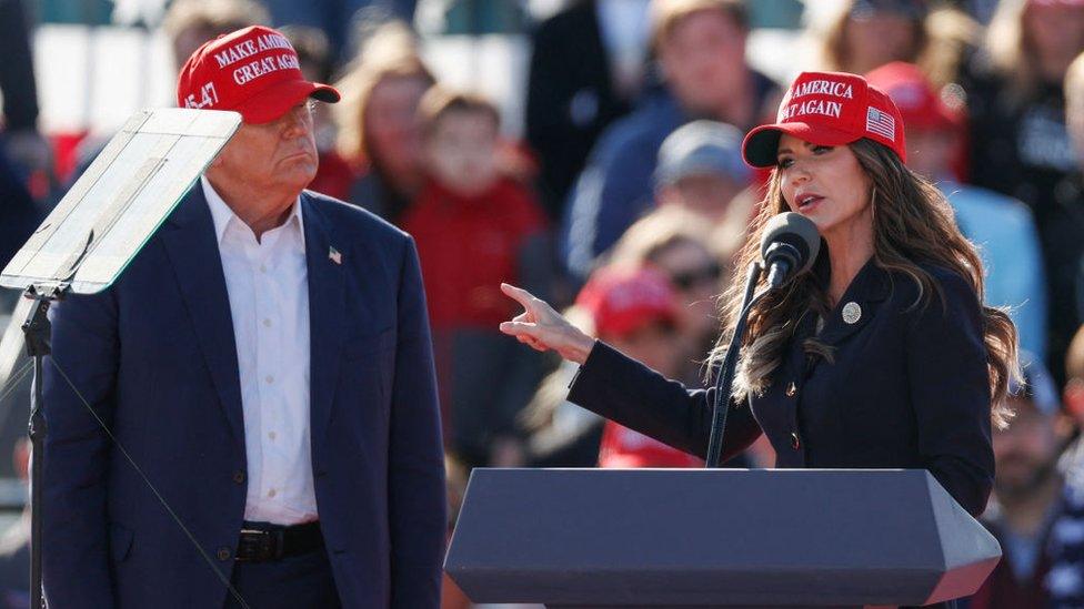 Kristi Noem speaks at a Trump rally