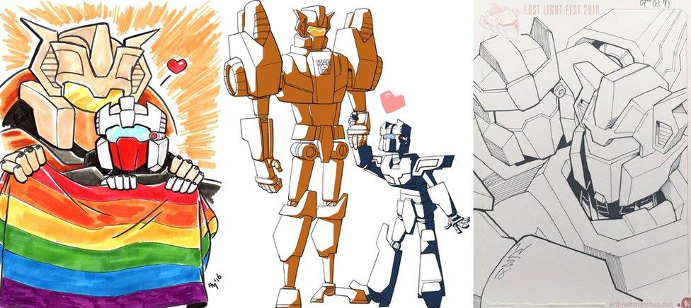 Artwork of Chromedome and Rewind by More than Meets the Eye fans @Spriteling113, Atticus Tsai-McCarthy, Winston Chan / @CWingsyun as part of the #LostLightFest