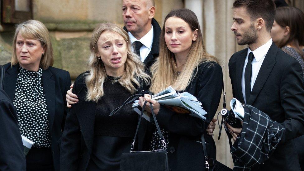 Leanne O'Brien (second from left) at the funeral service for her boyfriend