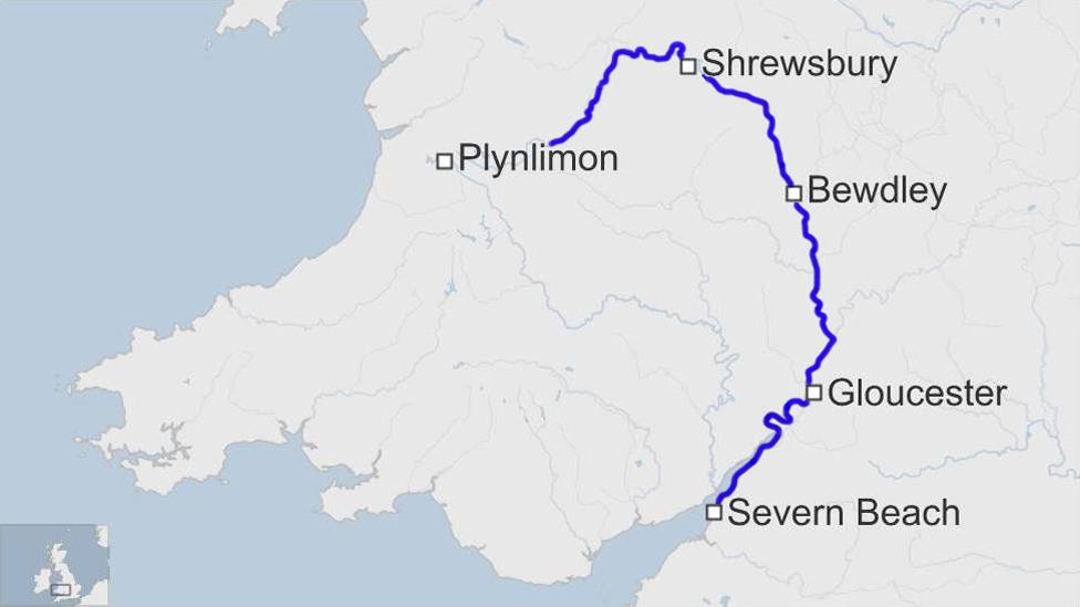 A map showing the length of the River Severn