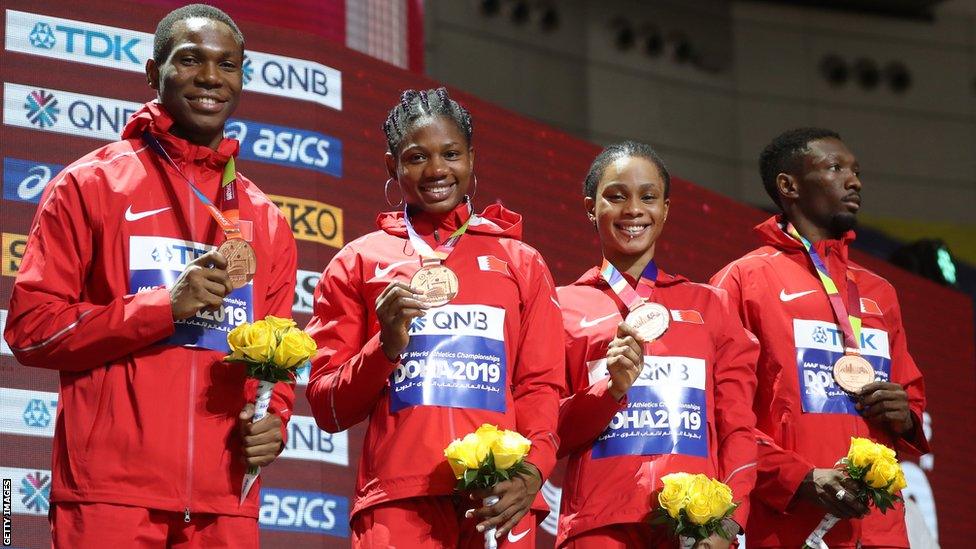 Bahrain's bronze medal team for the 4x400m mixed relay at the 2019 World Athletics Championships (left to right) Musa Isah, Aminat Jamal, Salwa Eid Naser and Abbas Abubakar Abbas