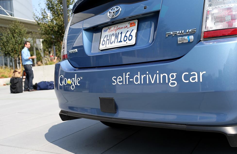 A Google self-driving car is displayed at the Google headquarters on September 25, 2012 in Mountain View, California.