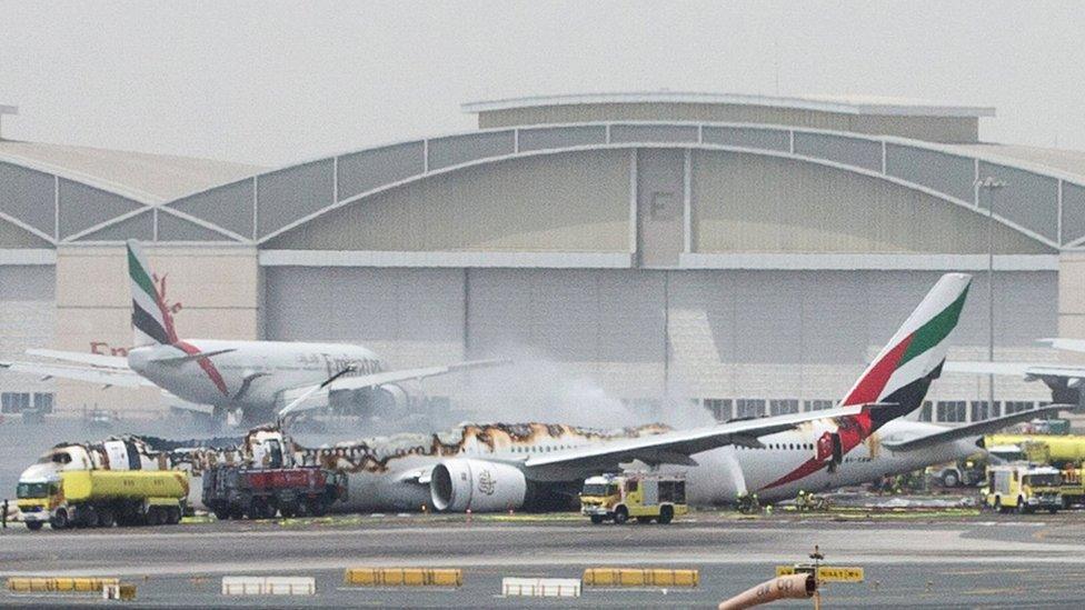 An Emirates Airline flight is seen after it crash-landed at Dubai International Airport, the UAE (3 August 2016)