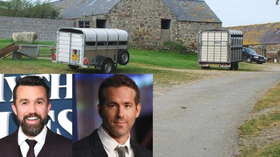 Buarth gyda threlars Ifor Williams a'r actorion Rob McElhenney a Ryan Reynolds