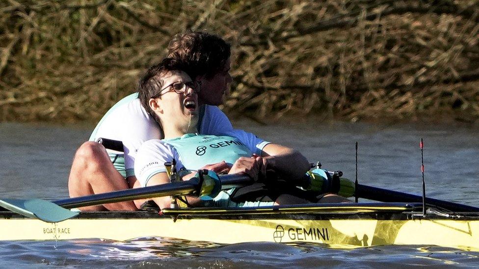 Matt Edge collapsed back onto a teammate in the boat after the race.