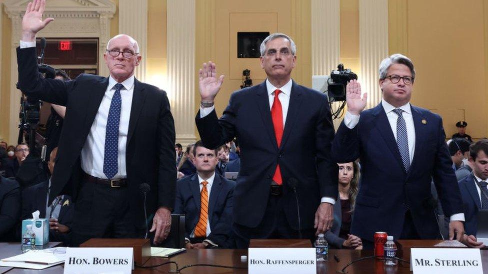 Arizona House Speaker Rusty Bowers, Georgia Secretary of State Brad Raffensperger, and Georgia Secretary of State Chief Operating Officer Gabriel Sterling are sworn in