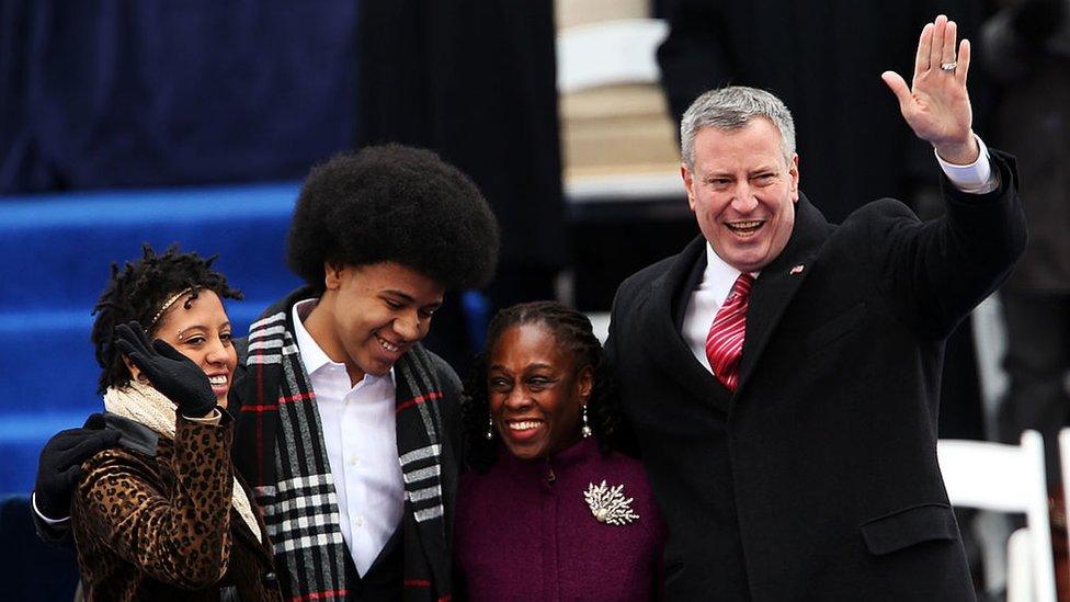 New York Mayor Bill de Blasio, seen here with his wife Chirlane McCray and their children Chiara (far left) and Dante