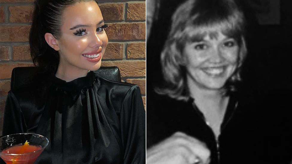 A composite image made up of two photos. On the left is Liv, a young white woman, black hair tied back in a high ponytail, sitting in front of a red brick wall. She's wearing a high-necked black blouse and smiling. On the table in front of her is a martini glass containing an orange cocktail. On the right, a black-and-white photo of Liv's mum Lisa Cubin, with short, blonde hair styled in a bob, smiling widely.