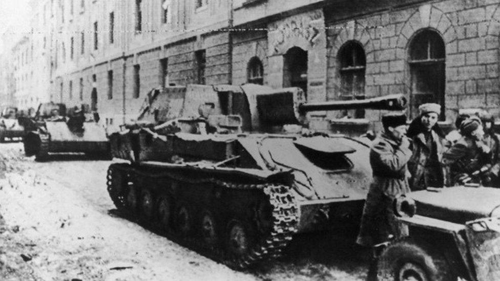 Russian tanks and soldiers in the streets of Budapest in 1945