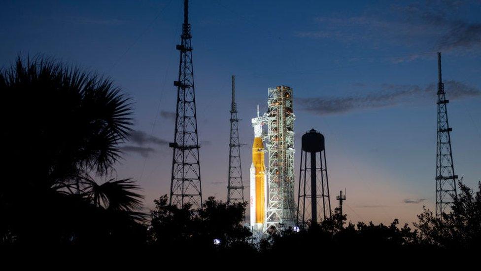 SLS rocket at night time