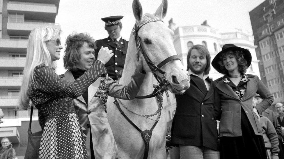 Abba meet a police horse on Brighton seafront - 7 April 1974