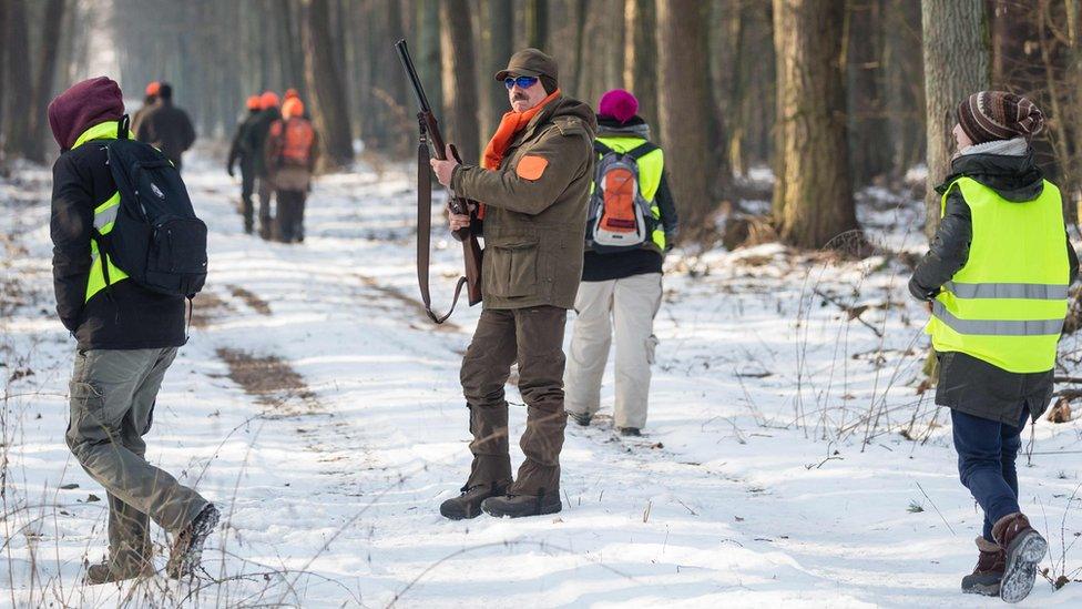 A hunter with his rifle looks on as animal rights activists dressed in high-visibility yellow vests walk around him on every side.