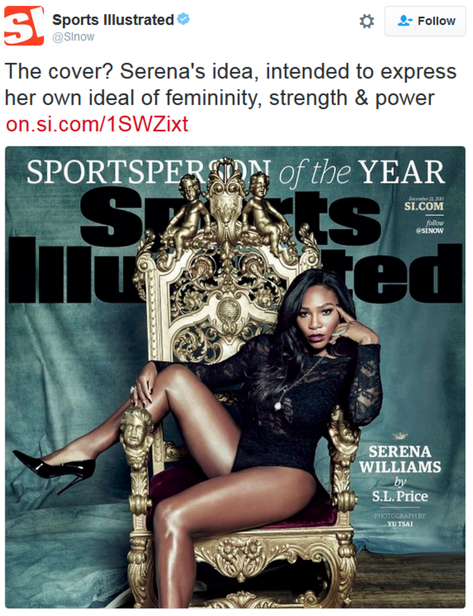 A tweet reads: "The cover? Serena's idea, intended to express her own ideal of femininity, strength & power"