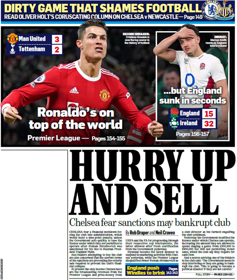 Main sport page of the Mail On Sunday on 13 March 2022