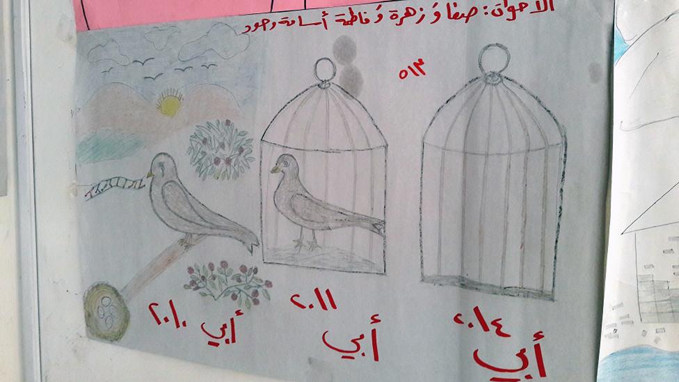 Drawing by Syrian child refugee showing a bird singing, then the same bird in a cage, then an empty cage.