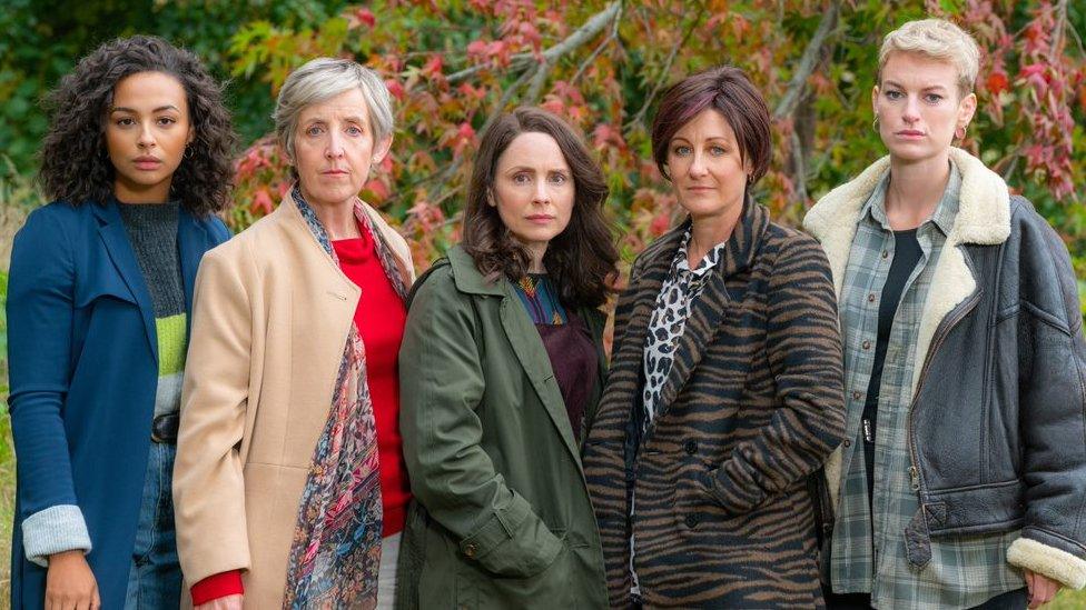 The Pact stars (left to right) Abbie Hern, Julie Hesmondhalgh, Laura Fraser, Eiry Thomas, and Heledd Gwyn