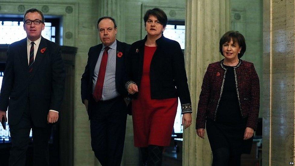 Nigel Dodds (centre left), Arlene Foster and other DUP politicians