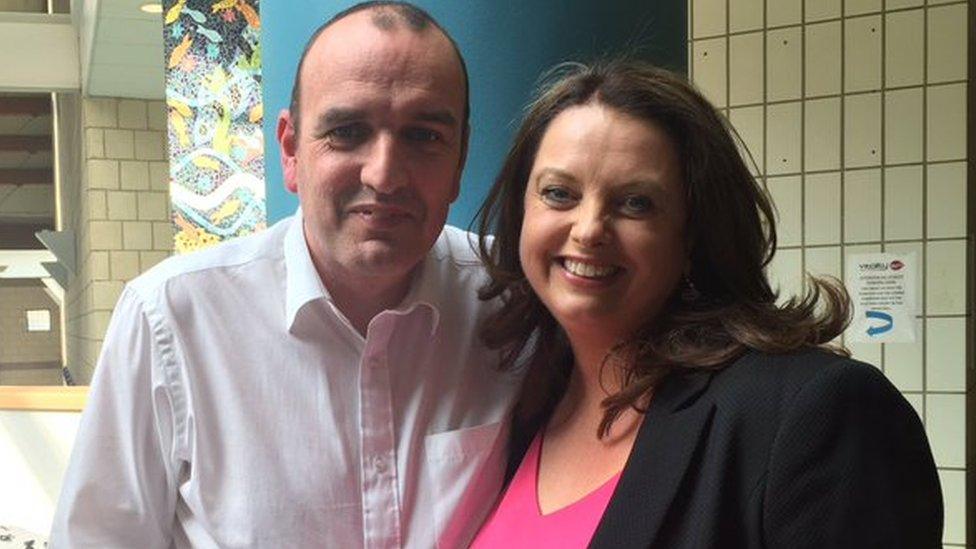 Sinead Bradley - SDLP - with her husband, who was not allowed into the count centre