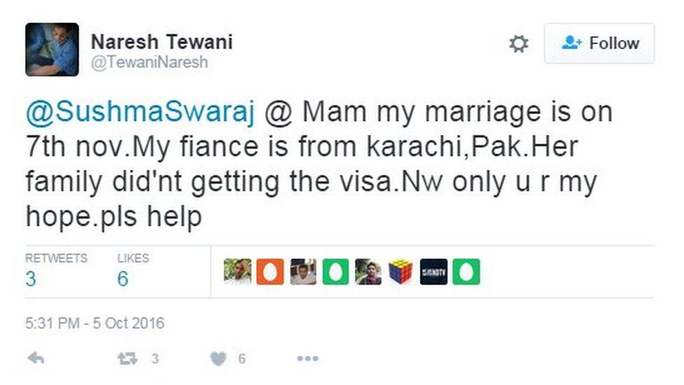 @SushmaSwaraj @ Mam my marriage is on 7th nov.My fiance is from karachi,Pak.Her family did'nt getting the visa.Nw only u r my hope.pls help