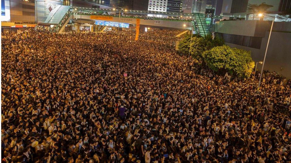 Pro-democracy protesters outside the Hong Kong government headquarters on 29 September 2014