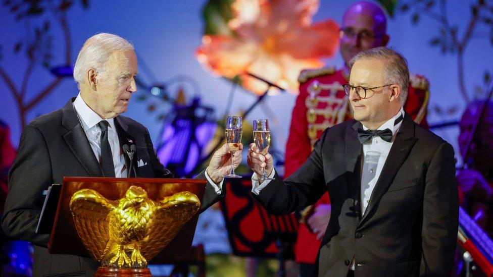 President Joe Biden and Prime Minister of Australia Anthony Albanese toast before the start of the state dinner to the White House on October 25, 2023 in Washington, DC