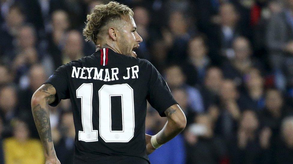 Neymar wearing his number 10 Paris Saint-Germain jersey.