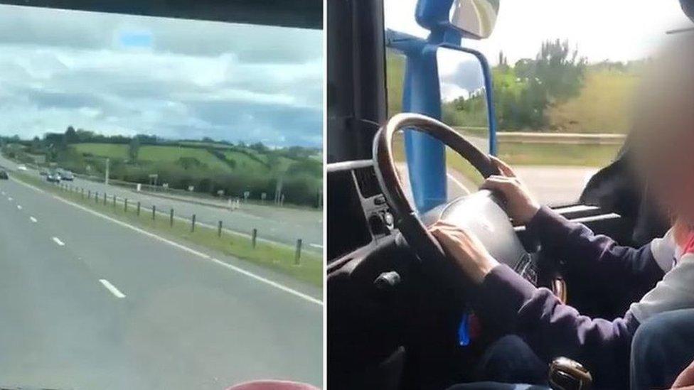 A video appearing to show a child driving a lorry