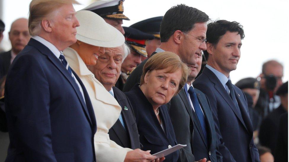 U.S. President Donald Trump, First Lady Melania, German Chancellor Angela Merkel, Dutch Prime Minister Mark Rutte and Canada's Prime Minister Justin Trudeau