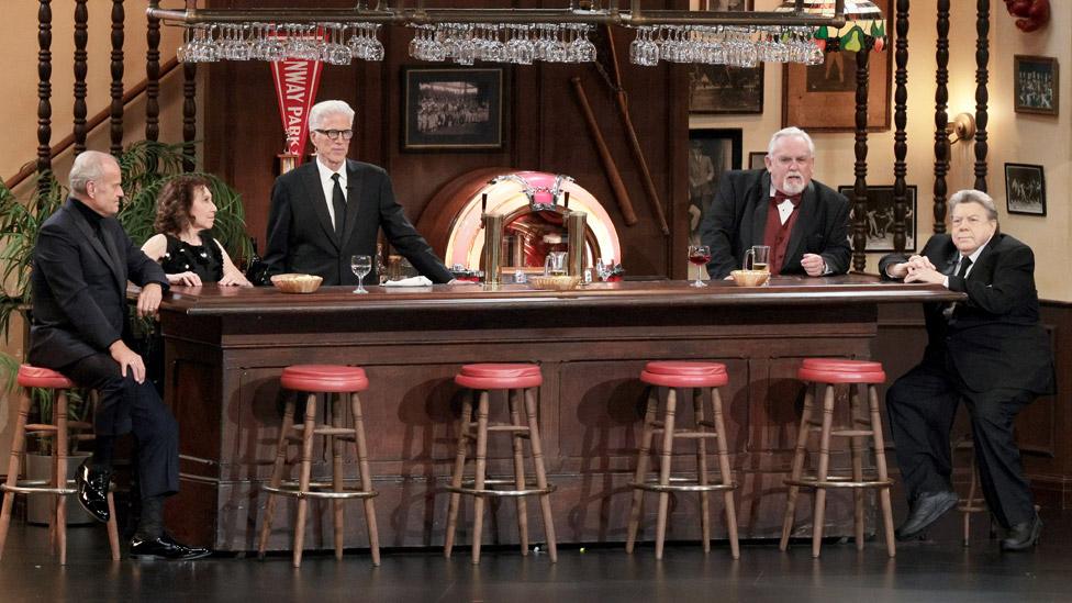 The cast of comedy series 'Cheers' perform during the 75th annual Primetime Emmy Awards ceremony held at the Peacock Theater in Los Angeles, California, USA, 15 January 2024.