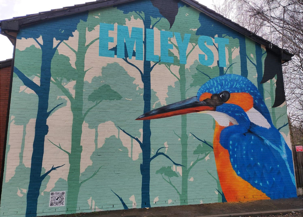 Mural on Emley Street in Levenshulme depicting a kingifsher