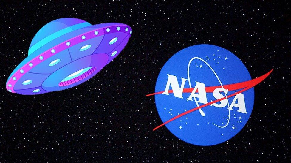 NASA logo next to UFO graphic on space background